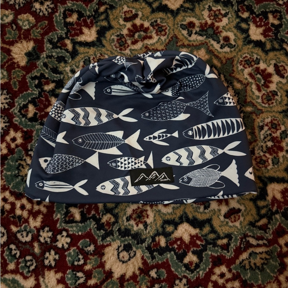 Skida Fleece Lined Navy Fish Patterned Alpine Beanie